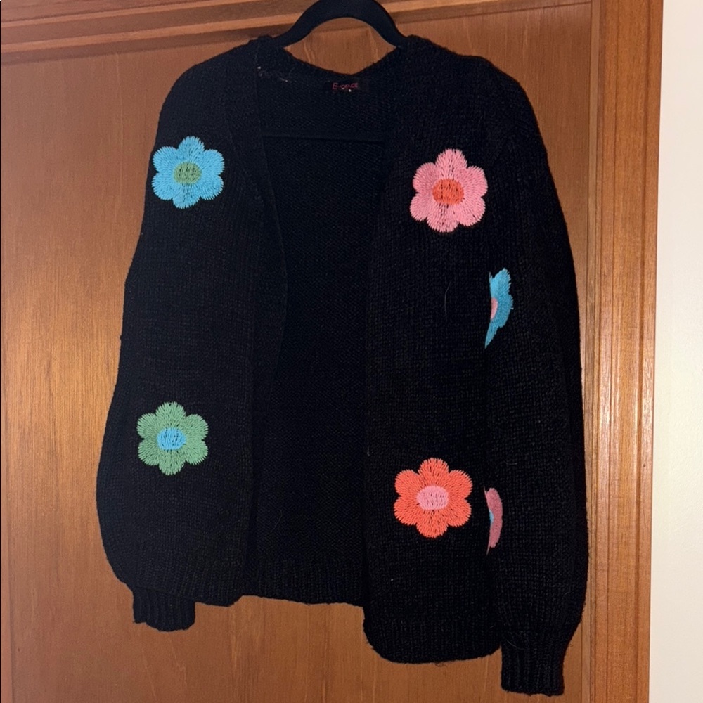 BlackCardigan with Floral Accents